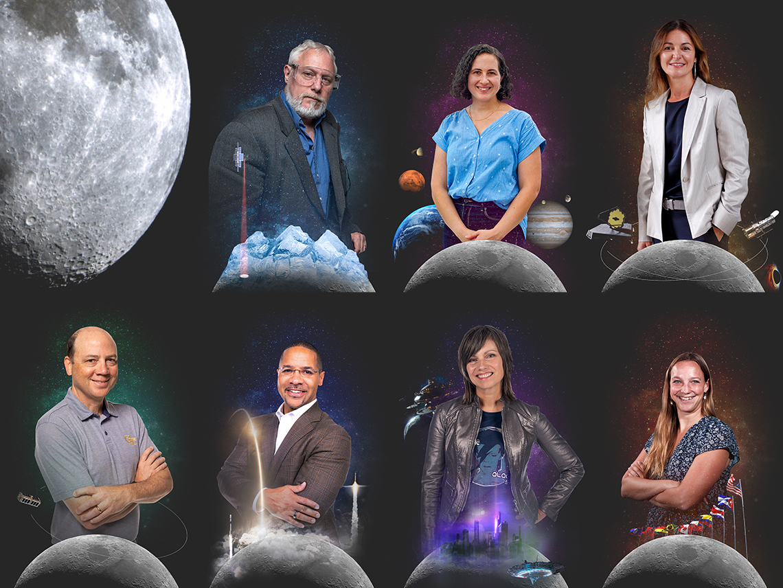 Georgia Tech researchers from the Colleges of Sciences, Engineering, and Ivan Allen Liberal Arts, each superimposed over a partially shaded Moon.