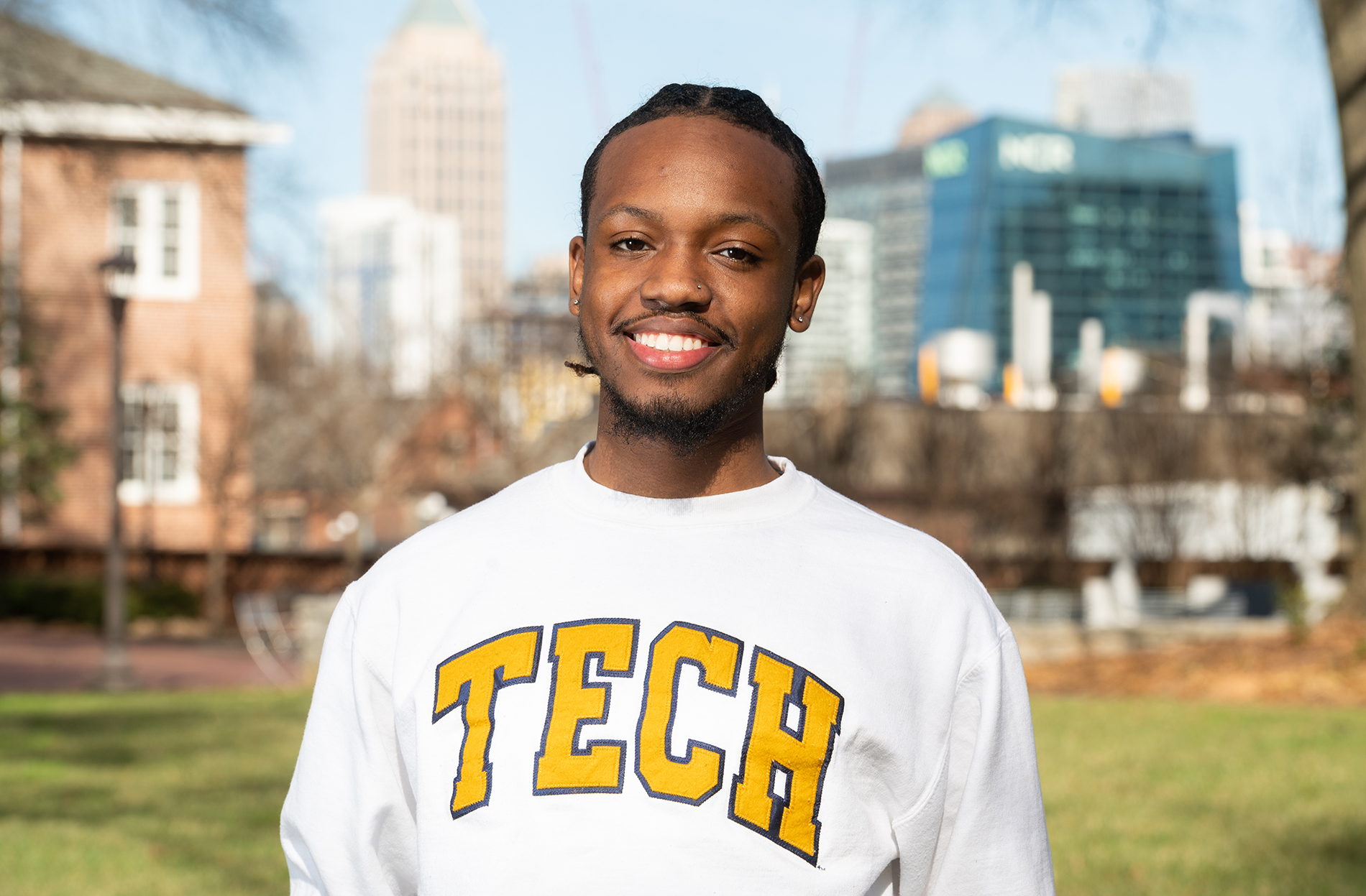 Kemuel Russell in Harrison Square on campus.