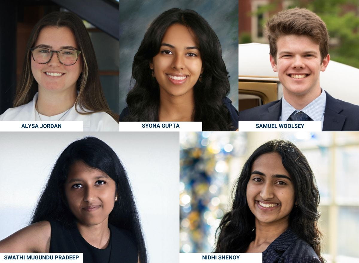 A composite photo of recipients Alysa Jordan, Syona Gupta, Samuel Woolsey, Swathi Mugundu Pradeep, and Nidhi Shenoy.