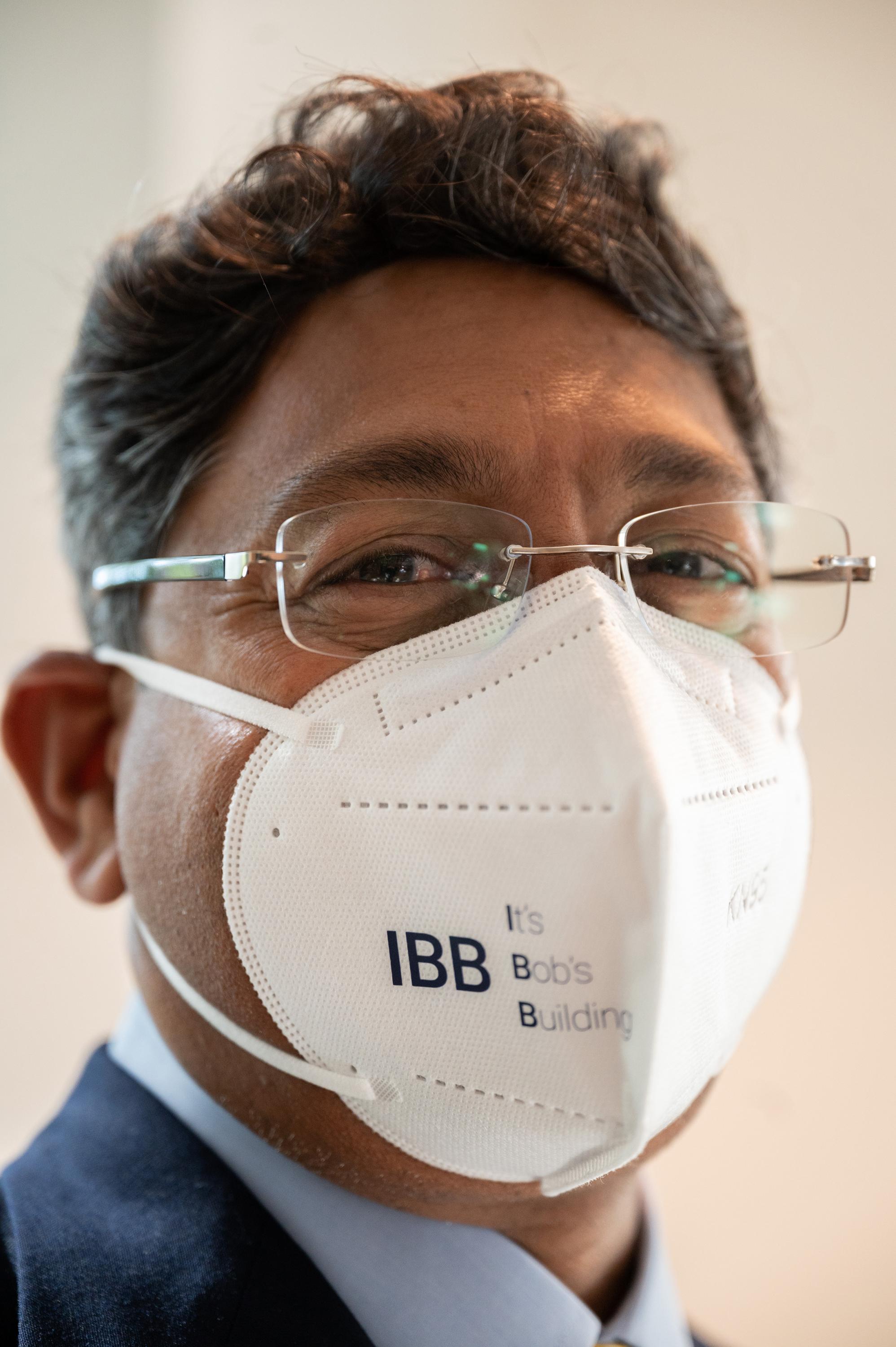 Emory provost and former chair of the Wallace H. Coulter Department of Biomedical Engineering Ravi Bellamkonda wears a mask that states plainly what everyone has been thinking for years: IBB stands for 'It's Bob's Building.'