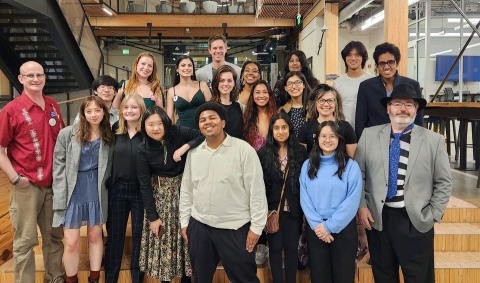 <p>The students and faculty of STEMcomm gathering after their most recent Atlanta Science Festival event: a science-themed fashion show. Photo courtesy of Jalen Borne.</p>
